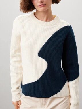 Derek Lam Collective Cream and Navy Abstract-Block Ribbed Crewneck Sweater